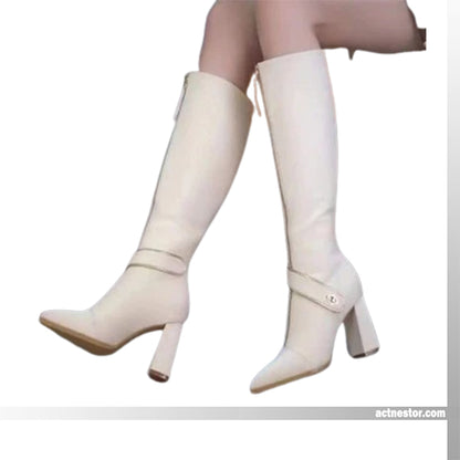 ✨50% Rabatt auf neue Produkte✨ Kniehohe Stiefel mit spitzer Zehenpartie und klobigem Absatz🌸